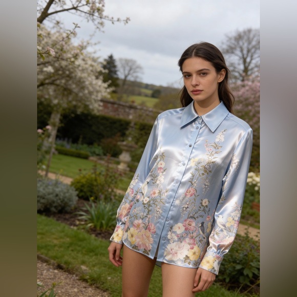 Rachel Zoe Blue Printed Floral Satin Collared Button Down Shirt - Picture 2 of 5